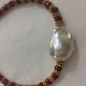 New Baroque Pearl & Red Beaded Bracelet, Gold Spacers, Delicate, Genuine, Unique